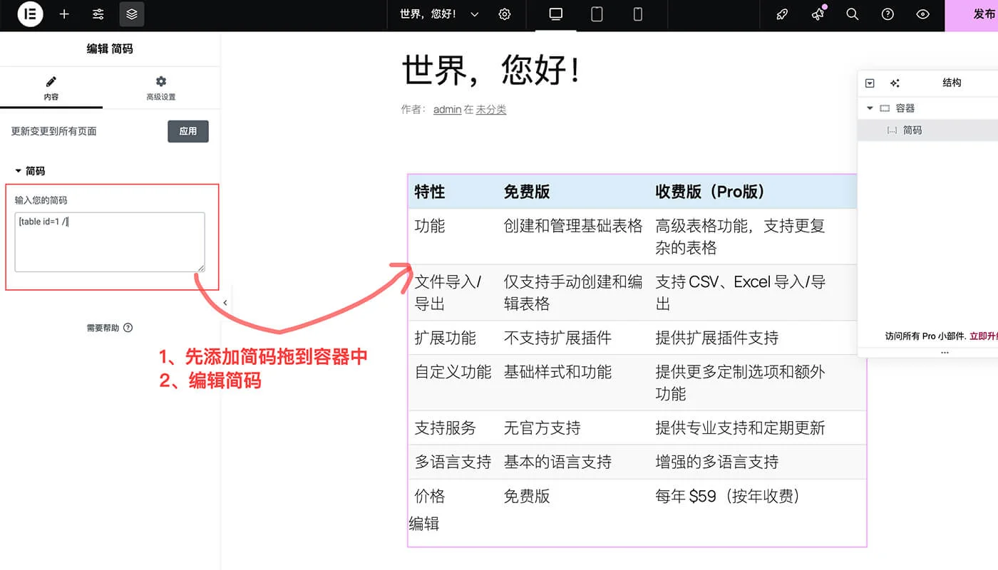 使用简码把表格插入页面中
