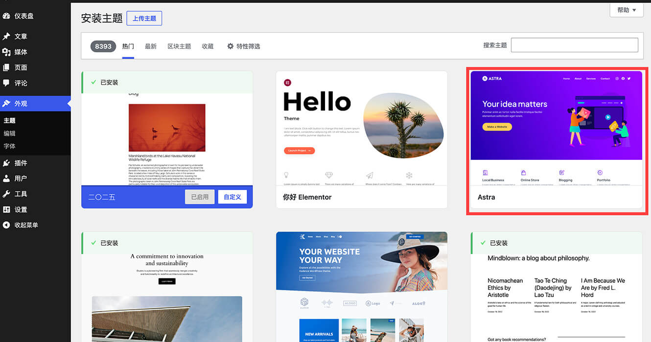 WordPress Astra 主题安装详细教程 10 选择并安装Astra主题