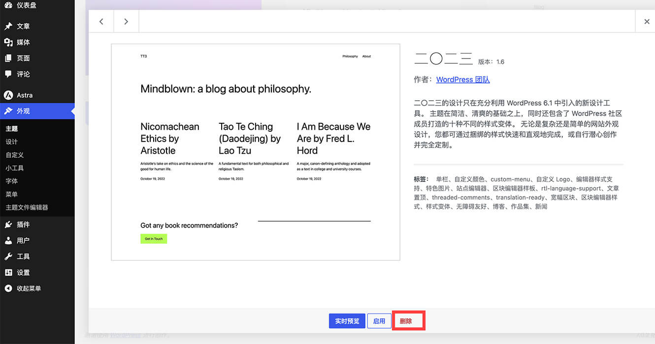 WordPress Astra 主题安装详细教程 14 删除主题