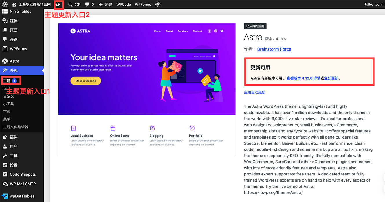 WordPress Astra 主题安装详细教程 15 Astra主题更新访问入口